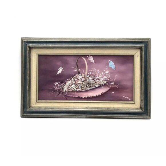Butterfly On Flower Basket Signed B Scott. Painting In Wall Hanging Wooden Frame - Picture 1 of 5